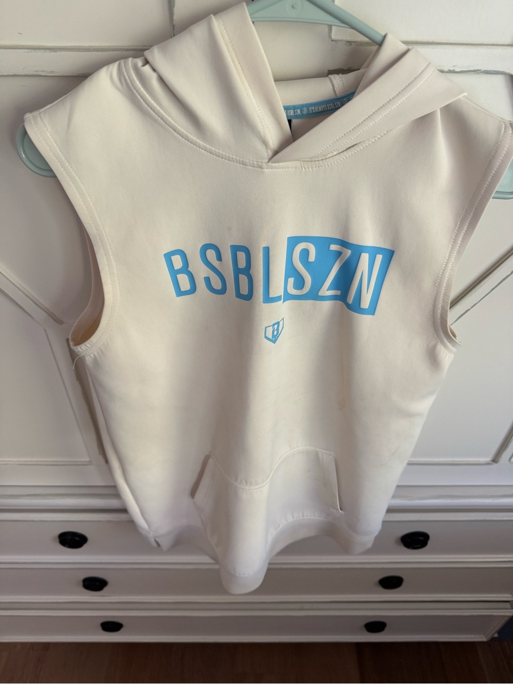 BSBL SZN Kids Sleeveless Cream Sleeveless Hoodie with Blue Logo
